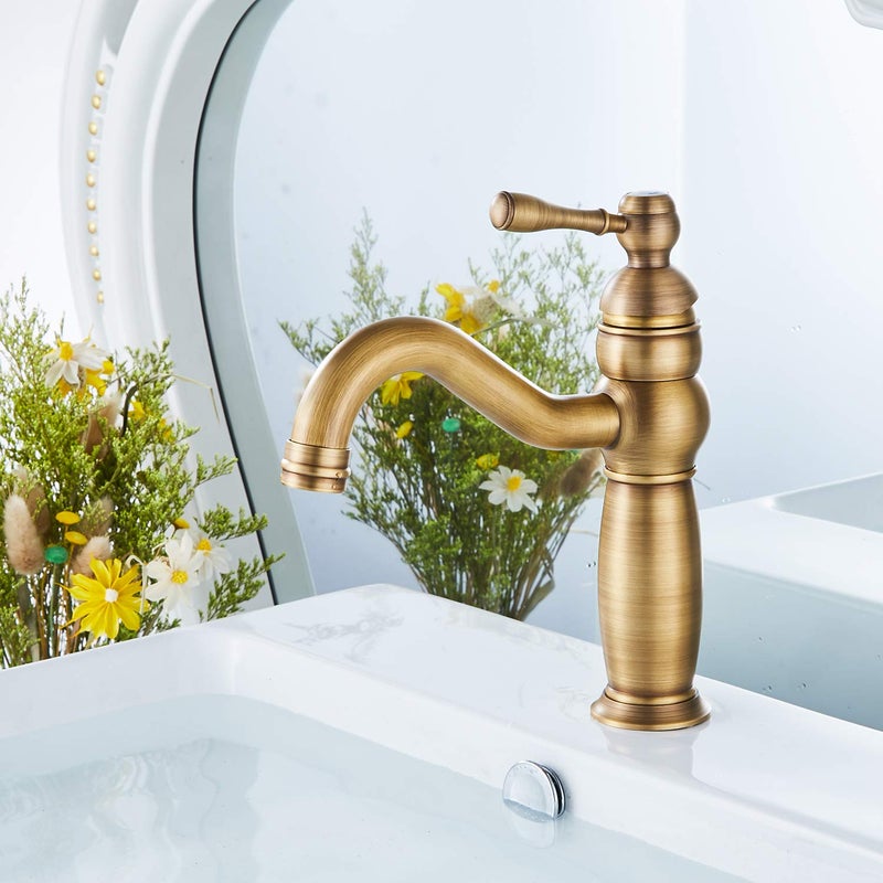 GGStudy Bathroom Vanity Faucet GGStudy Single Handle One Hole Bathroom Sink Faucet Basin Mixer Tap Antique Brass Supply Hose Include - Image 3